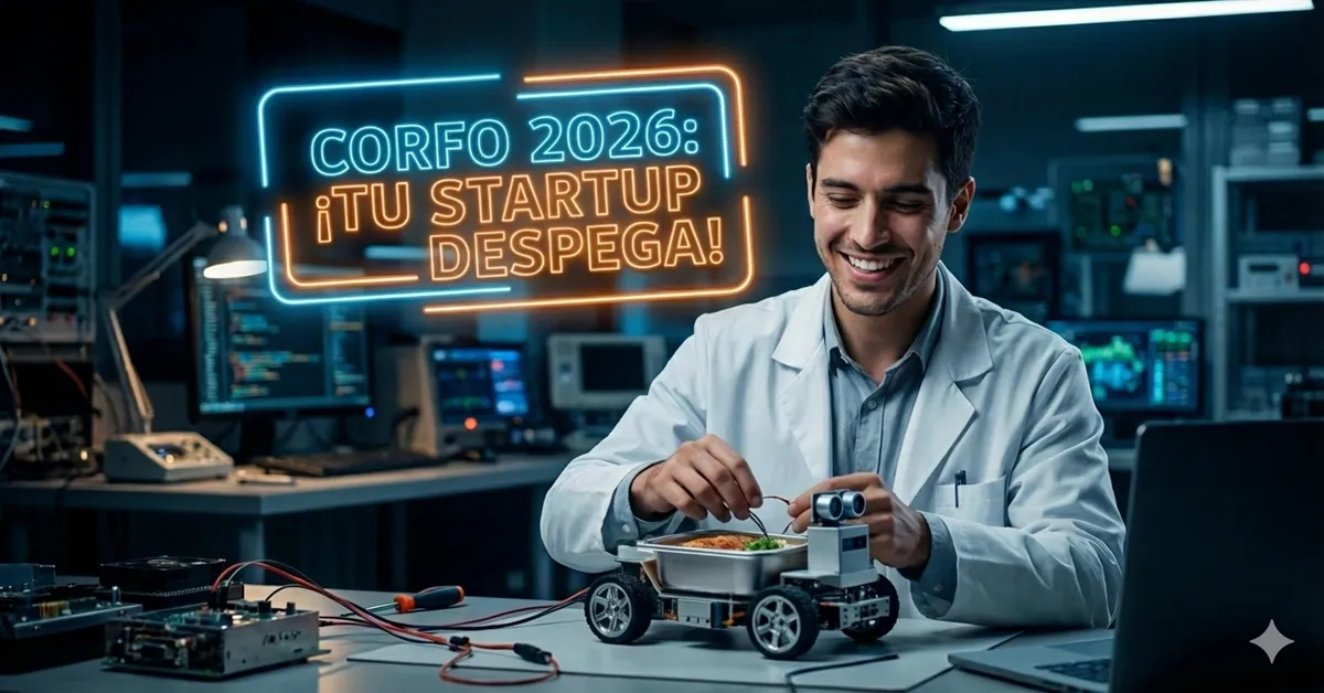 Ingeniero joven ensamblando prototipo de robot repartidor para startup chilena, ejemplo de proyecto financiable con cotización pagina web Corfo.
