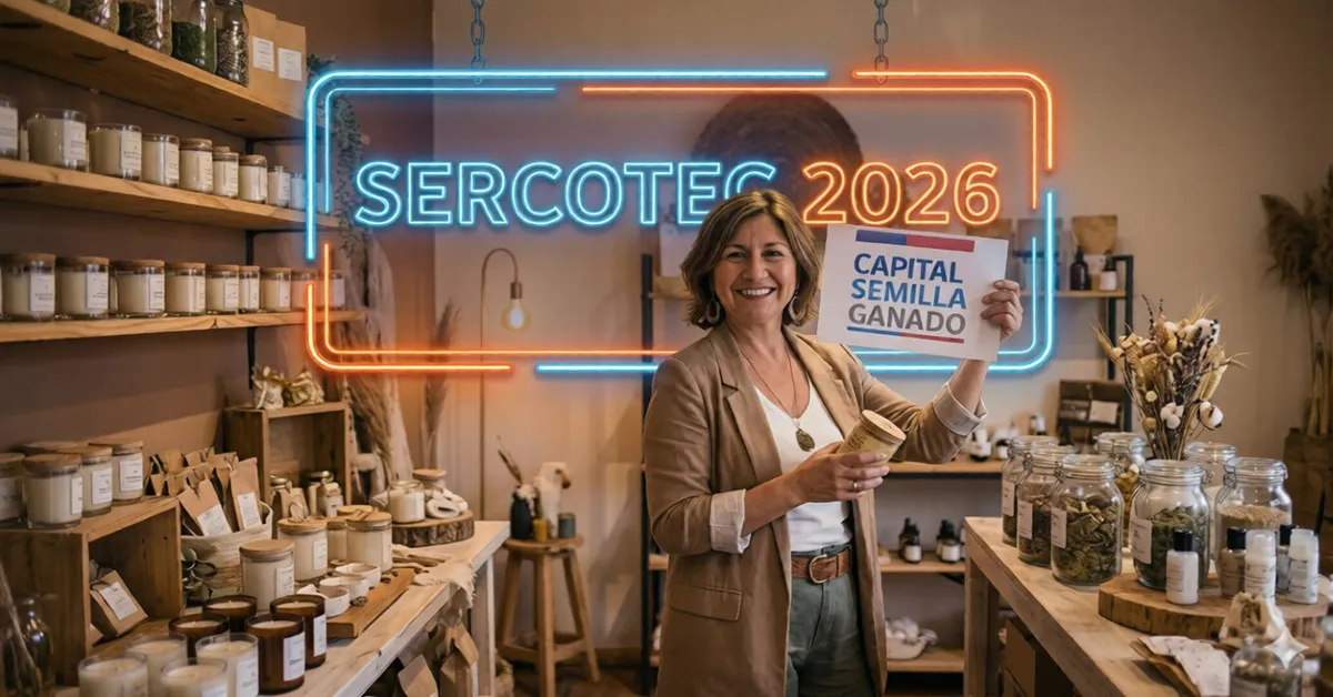 Emprendedora feliz en tienda de velas con cotización pagina web aprobada por Sercotec