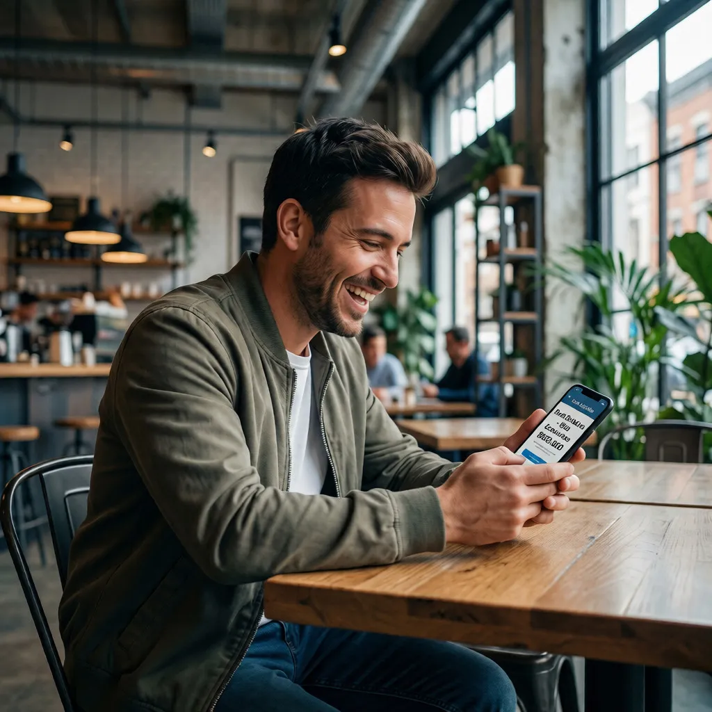 joven centado en una cafeteria feliz por haber encontrado un diseño de página web economica en Chile