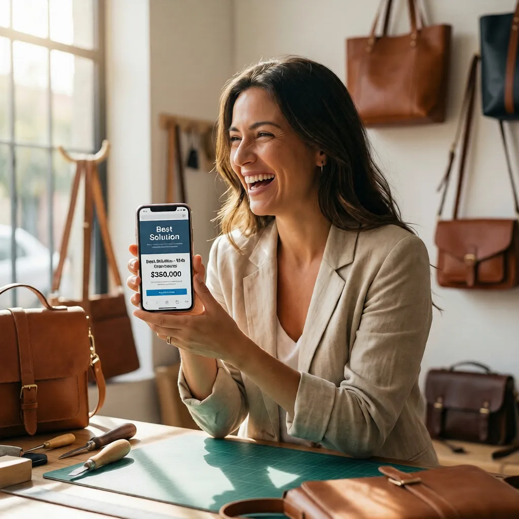 una joven dentro de su tienda de carteras hechas amano feliz por encontrar un diseño web económico para pymes en Chile