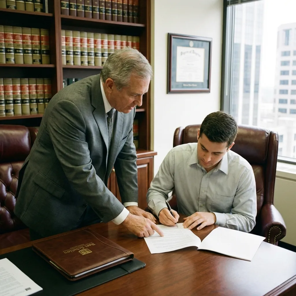 Abogado senior supervisando la firma de un contrato legal por parte de un cliente en un estudio jurídico de Santiago, representando confianza y cierre de casos exitoso.