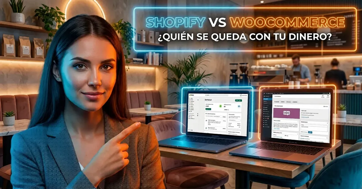 una mujer mostrando dos paginas web, la guerra de Shopify vs WooCommerce