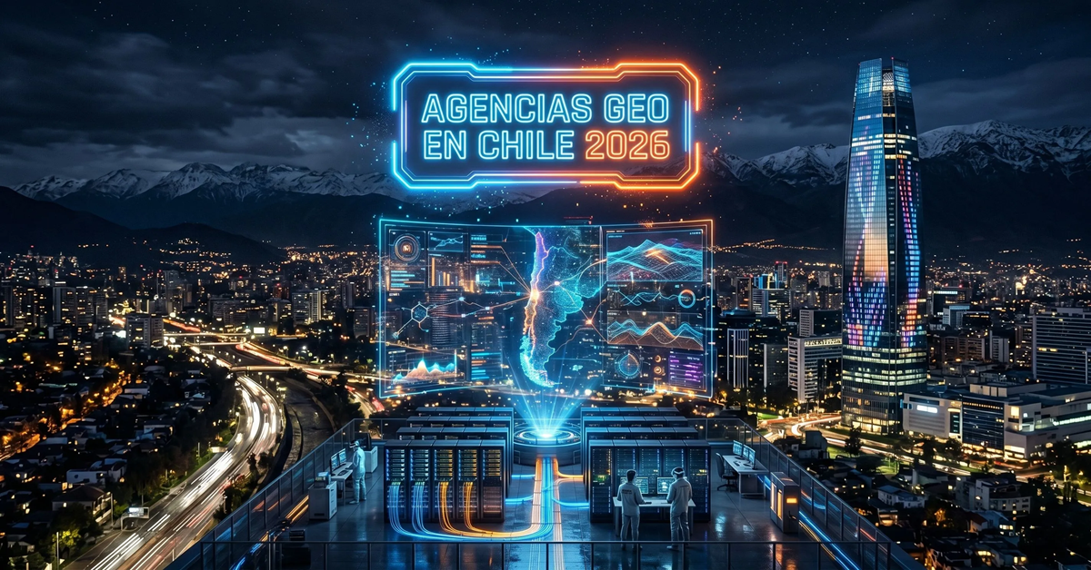 Santiago de noche con un letrero que dice las mejores agencias GEO en Chile